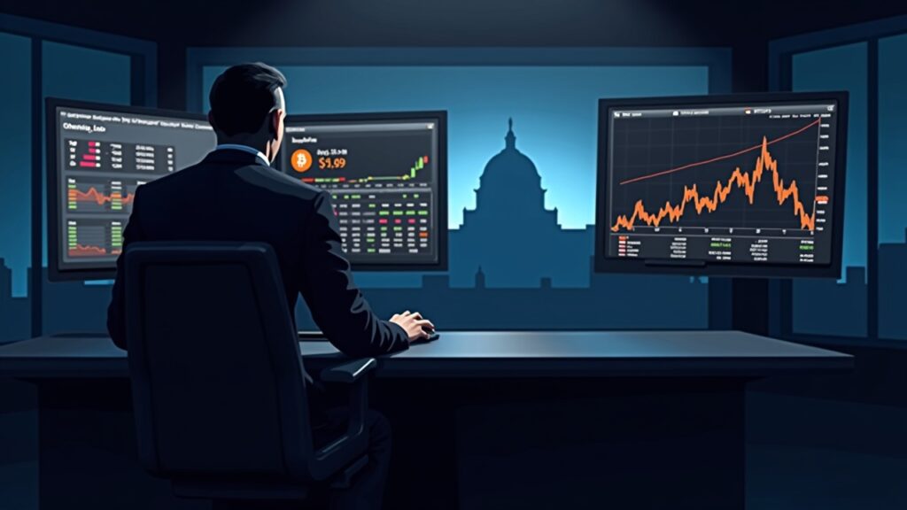 Newsroom trader at a desk with monitors showing Bitcoin and DXY trends, Fed silhouette in the background.