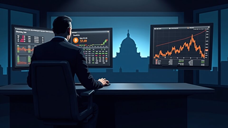 Newsroom trader at a desk with monitors showing Bitcoin and DXY trends, Fed silhouette in the background.