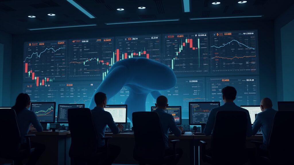 Crypto trading floor, BTC at 112k on screens, whale silhouette, institutional traders facing liquidity and hedging.