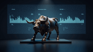 Sculpture of a bull in a news room, holographic BTC panels with strikes 101k and 106k and bars of calls/puts.