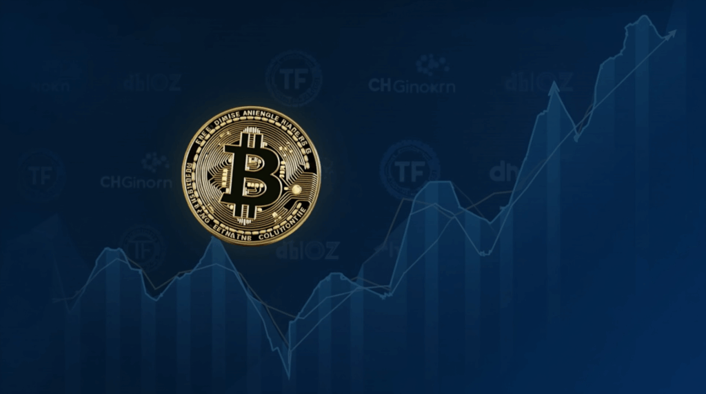 Bitcoin in the foreground with an ascending chart touching the 118k resistance and ETF logos in the background, bluish tone.