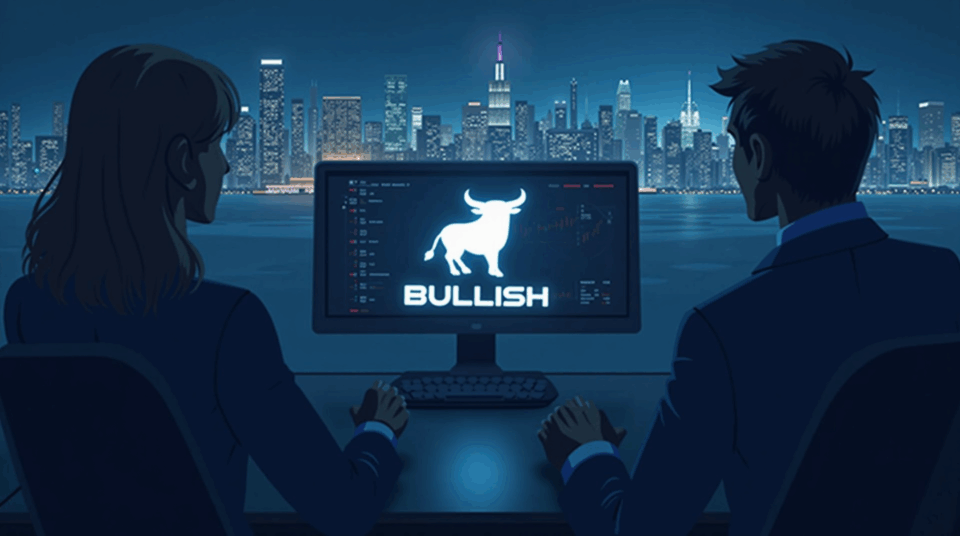 Bullish logo on a high-tech trading terminal in front of the New York skyline, pointing to the BitLicense.