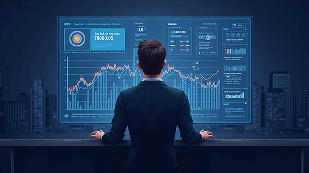 Trader in a news room watches a holographic dashboard with rising crypto volumes and the BitLicense badge, against the New York skyline.