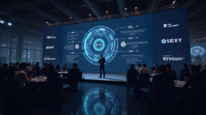 Photorealistic scene at KBW2025: BYDFi booth with Dual‑Engine and MoonX, highlighting institutional liquidity and compliance.
