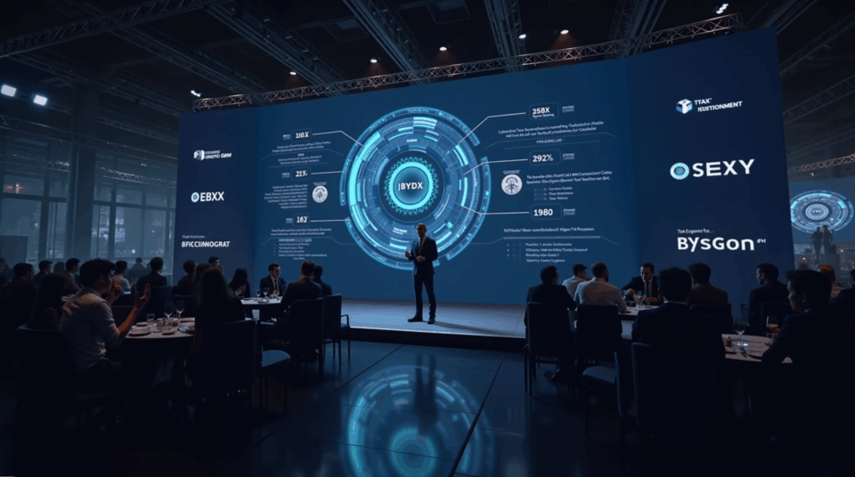 Photorealistic scene at KBW2025: BYDFi booth with Dual‑Engine and MoonX, highlighting institutional liquidity and compliance.