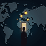 silhouette of a young person in front of a phone with SIM swap icons, crypto coins and a world map, to illustrate cross-border crypto fraud