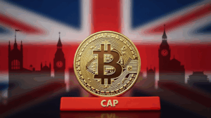 Photorealistic header: digital stablecoin in the foreground, United Kingdom flag and red CAP barrier in front of the BoE.