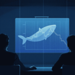 Journalistic scene with Cardano logo, fluctuating price chart and silhouette of a whale, compliance icons.