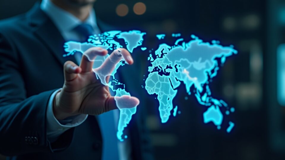Central banker in a suit interacts with a hologram of an on-chain ledger illustrating cross-border payments and zk-rollup in a modern news studio