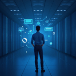 Realistic mining center in a data center with Bitcoin racks, Google‑blue lighting and floating graphics.