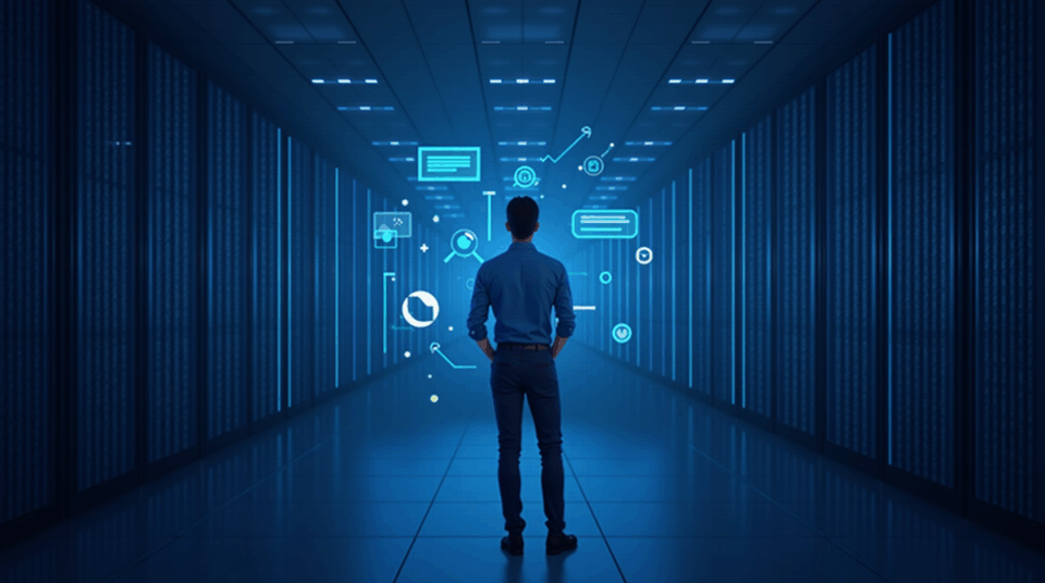 Realistic mining center in a data center with Bitcoin racks, Google‑blue lighting and floating graphics.