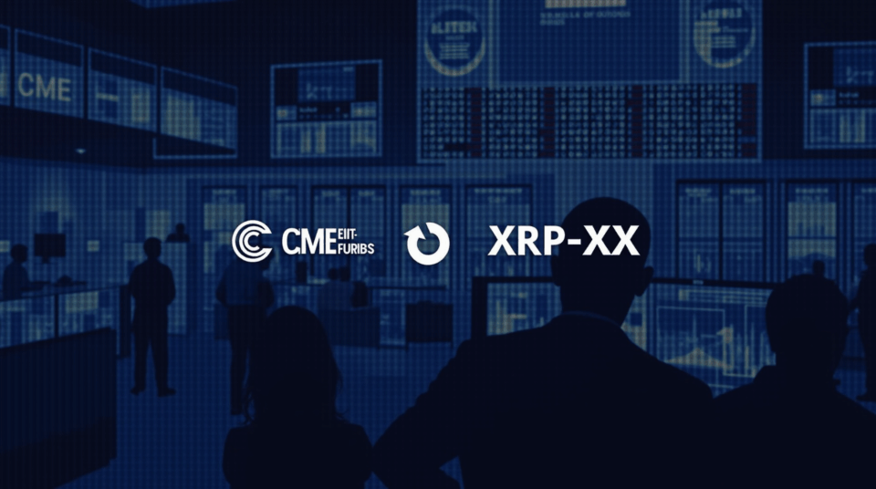 Trading floor at CME with bright screens displaying Solana (SOL) and XRP futures; institutional traders evaluating regulated options.