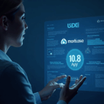 Professional in front of holographic interface showing USDC, Morpho and Base logos, Coinbase branding and APY 10,8%