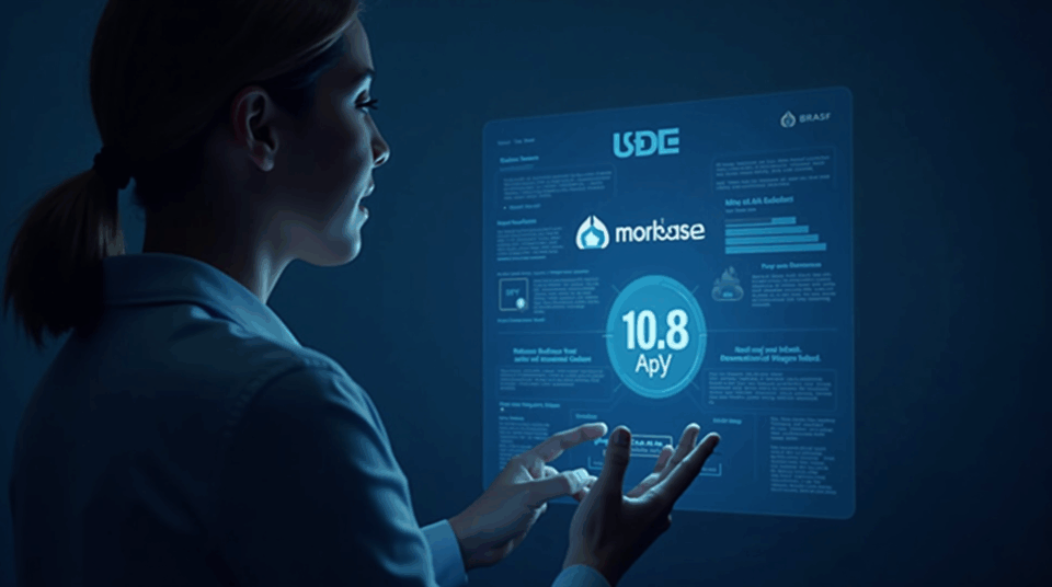 Professional in front of holographic interface showing USDC, Morpho and Base logos, Coinbase branding and APY 10,8%