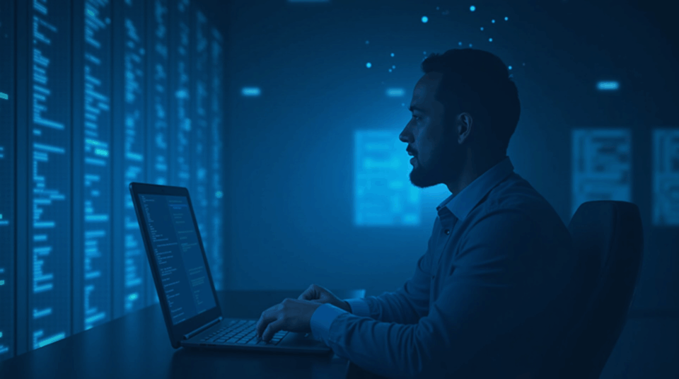 Tech executive in front of a futuristic data center with holographic AI code and a blue glow.