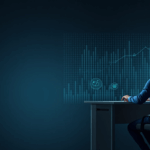 Crypto advisor at a desk, holographic charts and blockchain symbols illustrating staking, lending and yield farming.