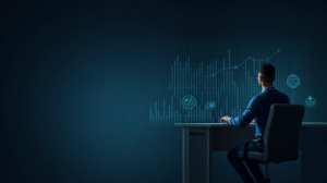 Crypto advisor at a desk, holographic charts and blockchain symbols illustrating staking, lending and yield farming.