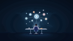 Crypto analyst in front of an illuminated price chart, BTC in the center with ETH, XRP and SOL surrounding it.