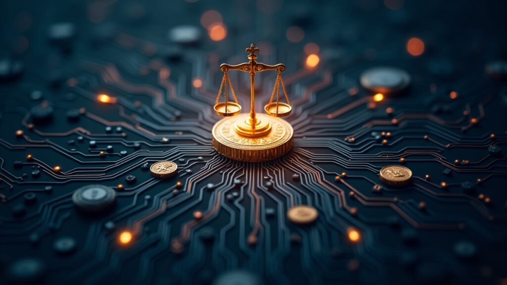 Central crypto node with blockchain, flows of money toward the GOP and regulatory scales tilted toward innovation.
