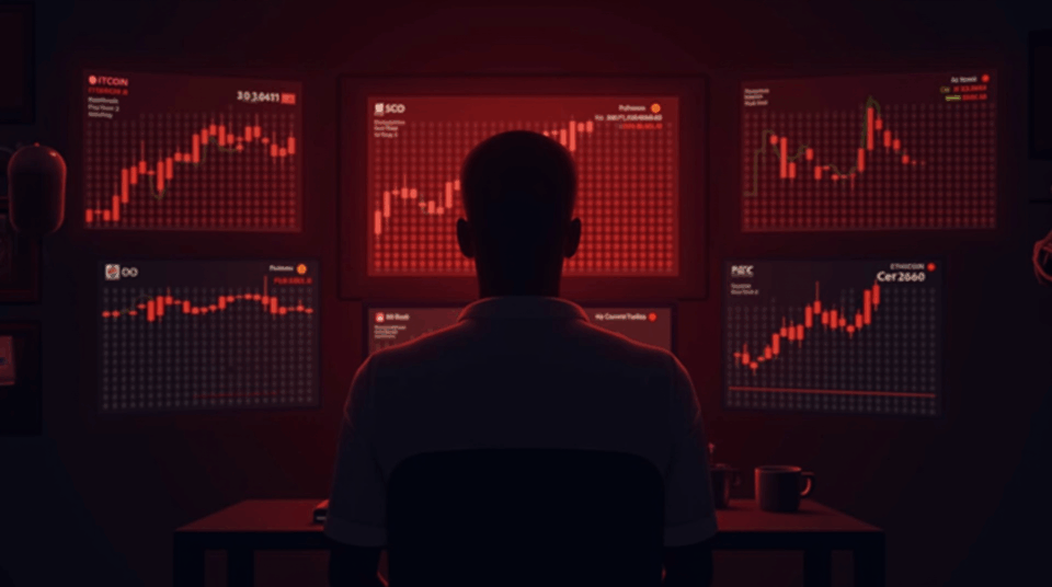 Trader watching red panels with declines in Bitcoin, Ethereum and Dogecoin, with overlaid liquidation maps showing market risks.