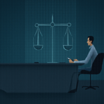 Photorealistic portrait of a legislator at a modern desk, with a blockchain hologram and scales of justice.