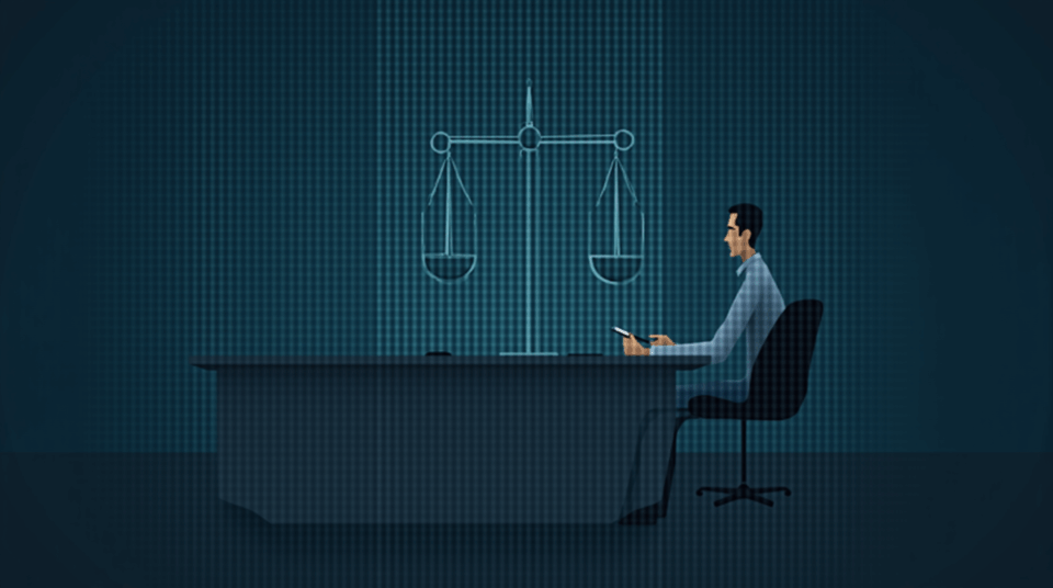 Photorealistic portrait of a legislator at a modern desk, with a blockchain hologram and scales of justice.