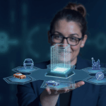 Photorealistic crypto header with journalist, glowing blockchain cube and holographic icons of car, DNA, island and watch.