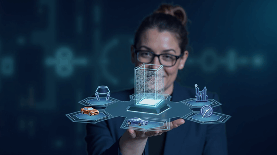 Photorealistic crypto header with journalist, glowing blockchain cube and holographic icons of car, DNA, island and watch.