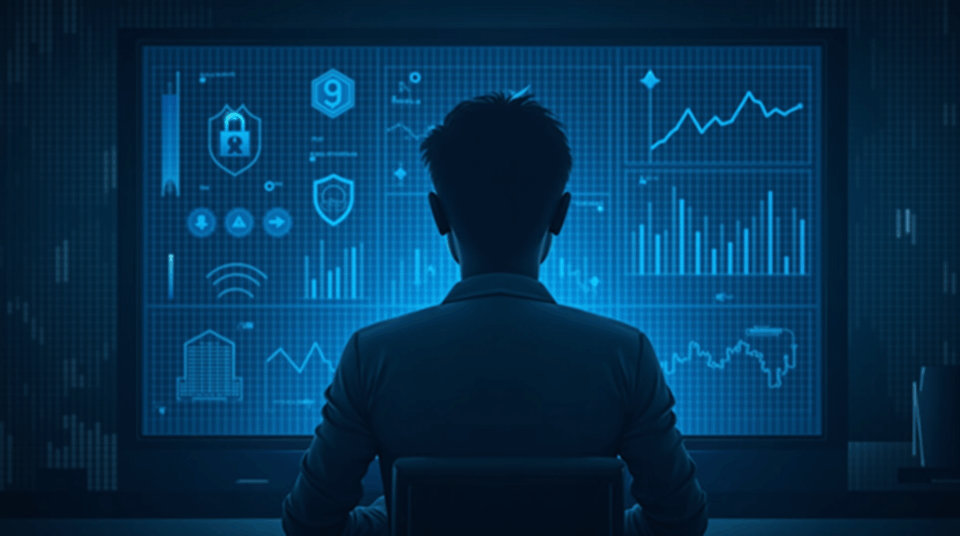 Analyst in a newsroom alongside security dashboards and holographic crypto chains in blue tones.