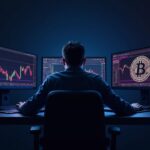 Photorealistic crypto trader at a desk with three monitors showing BTC/ETH charts and ETF inflows, neon blockchain motif.