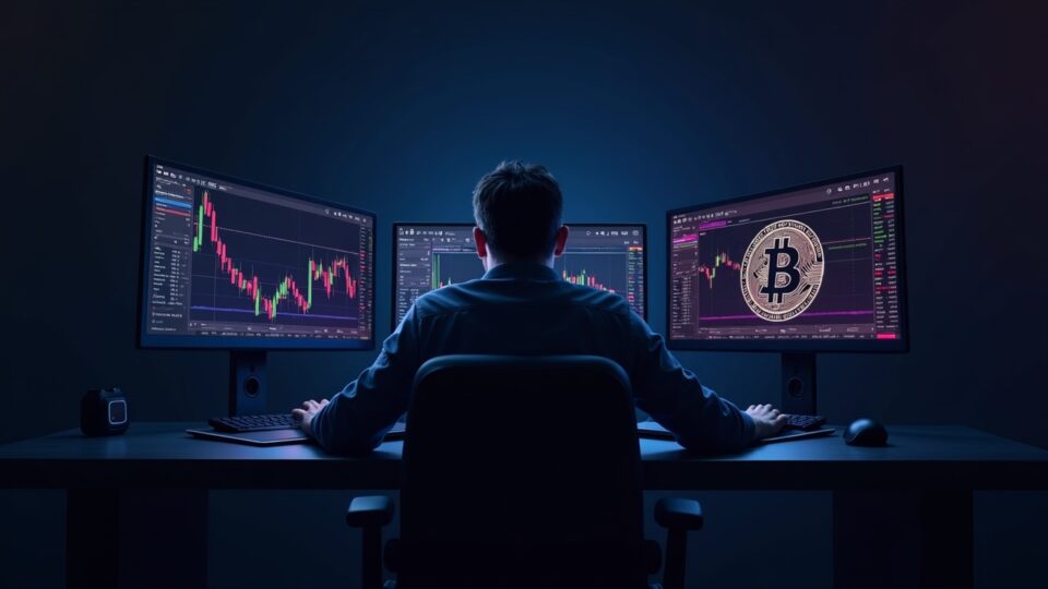 Photorealistic crypto trader at a desk with three monitors showing BTC/ETH charts and ETF inflows, neon blockchain motif.