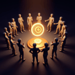 Diverse group voting with governance tokens in front of a blockchain dashboard and smart contracts, symbolizing DAOs.
