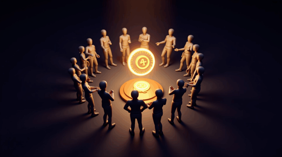 Diverse group voting with governance tokens in front of a blockchain dashboard and smart contracts, symbolizing DAOs.