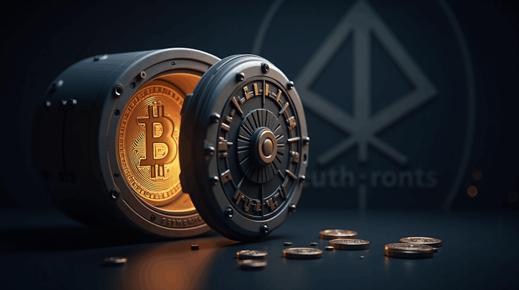 High-tech safe open, with Bitcoin, Ethereum and Solana exposed, in front of the silhouette of Berkshire Hathaway.