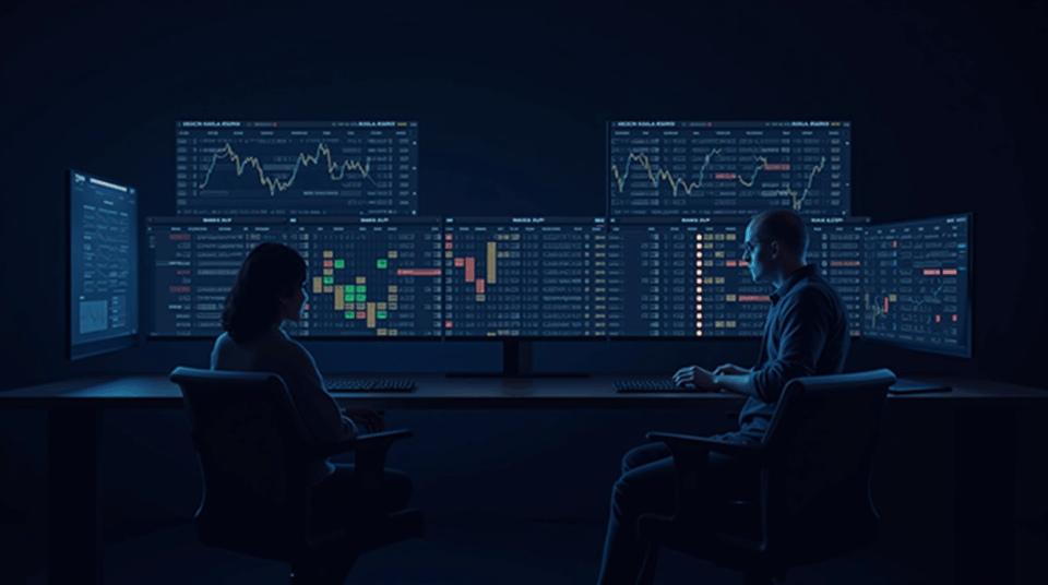 Realistic crypto trading desk with screens displaying delta-neutral bots, maker rebates and live order books.