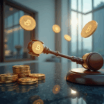 Luxury penthouse in Singapore, behind glass, with floating crypto tokens and a judge's gavel, deposit retained.
