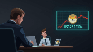 Boardroom with Dogecoin ticker showing a drop; executive worried about regulatory risk and volatility