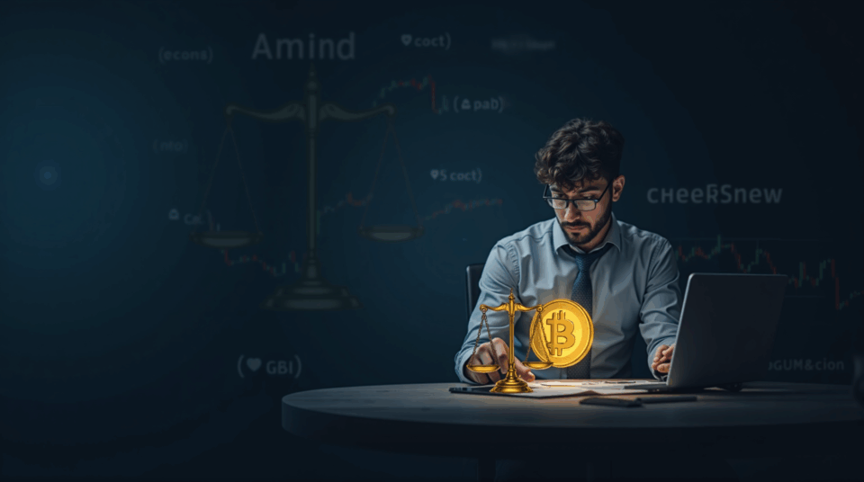 Focused trader in front of a rising Dogecoin hologram, with SEC scales in the background, symbolizing regulation and institutional adoption.