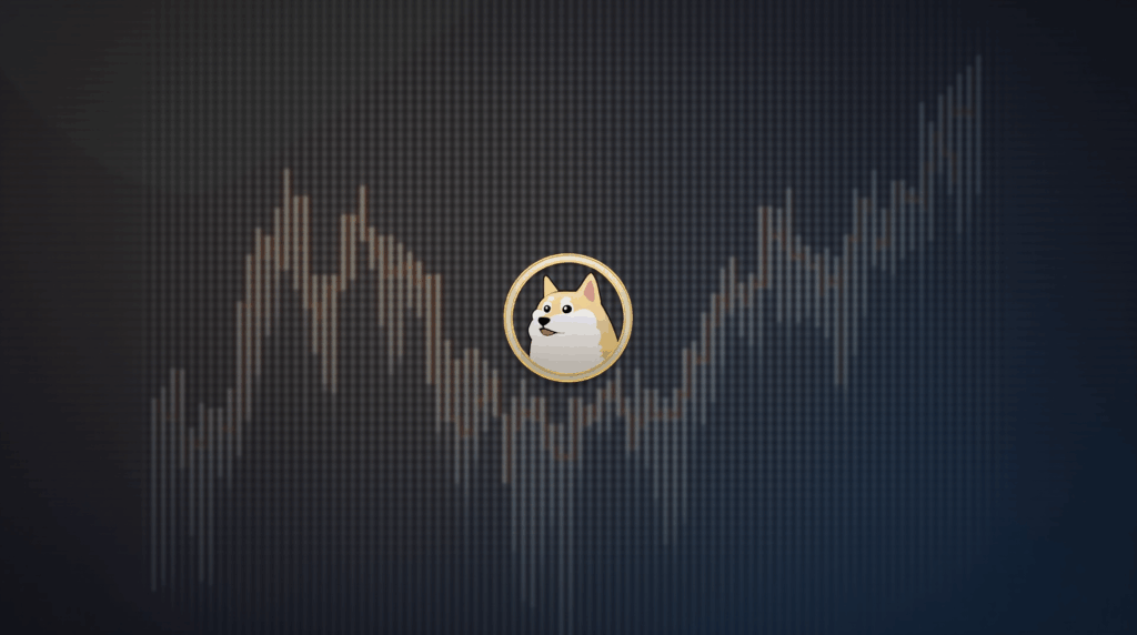 Dogecoin chart with bullish pennant above 0-28, background of institutional investors.