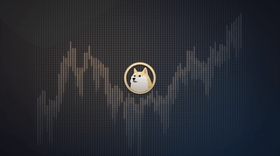 Dogecoin chart with bullish pennant above 0-28, background of institutional investors.