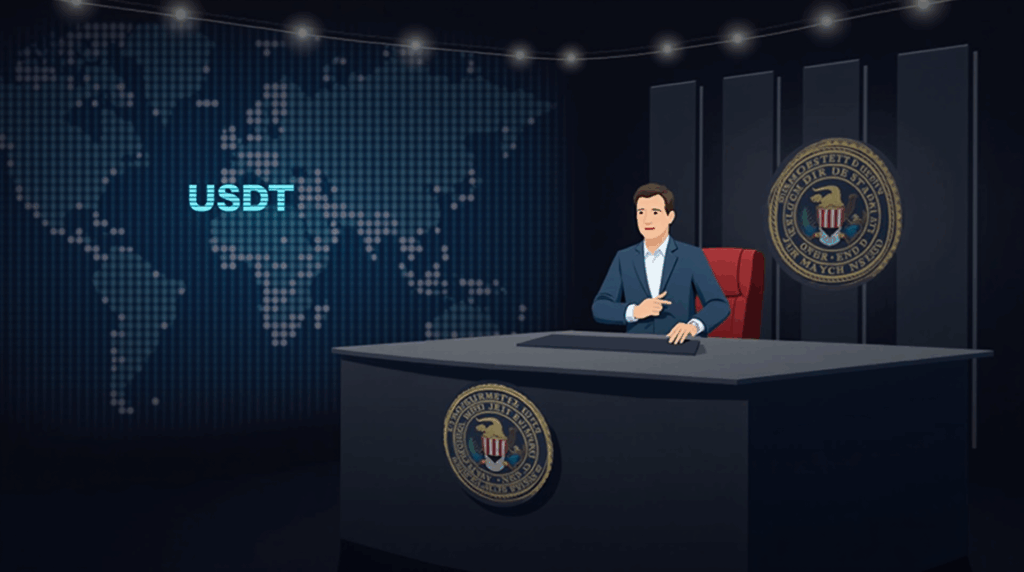 Newsroom scene with a map of USDT transfers, DOJ badge and blockchain network glow