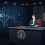 Newsroom scene with a map of USDT transfers, DOJ badge and blockchain network glow