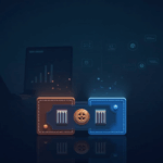 Photorealistic scene of hot and cold crypto wallets with multisig keys, an AI dashboard and a hacker silhouette in the background.