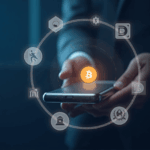Central investor with a mobile phone showing BTC, surrounded by USD and FDIC symbols, in front of a digital urban landscape.