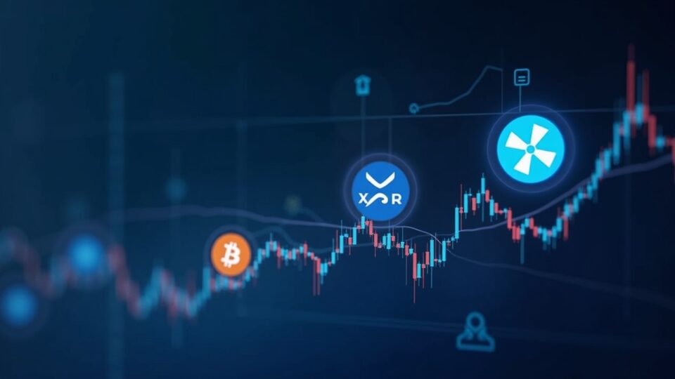 Crypto news header: XRP and Solana logos rise over a chart, Bitcoin fades, and regulatory icons appear in the background.