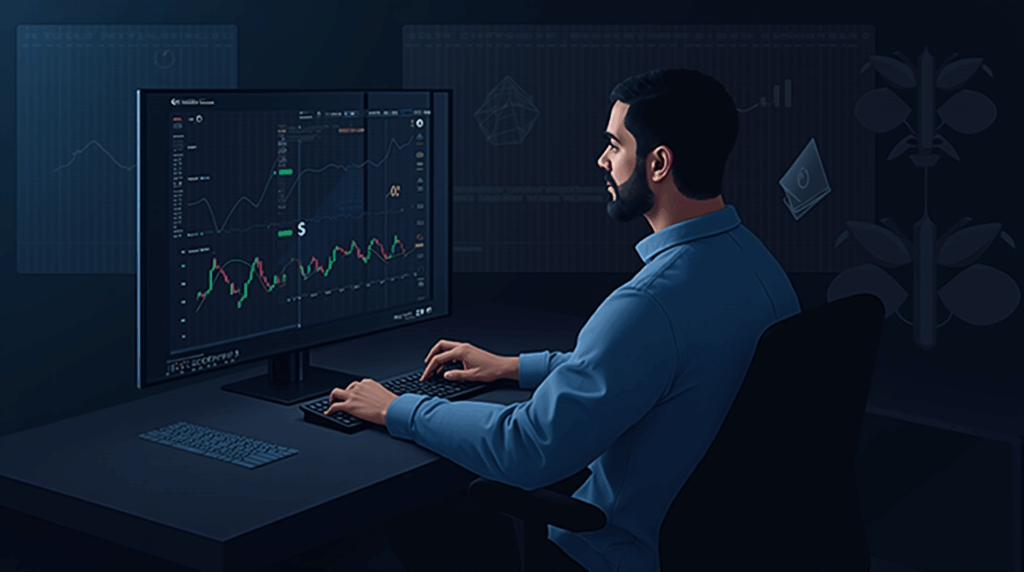 Crypto trader in studio watches ETH with MACD and negative funding; whale, newsroom-style lighting, drop to 3800.