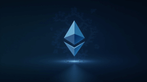 Ethereum logo alongside autonomous AI coordinating payments in smart contracts, with fintech holograms.