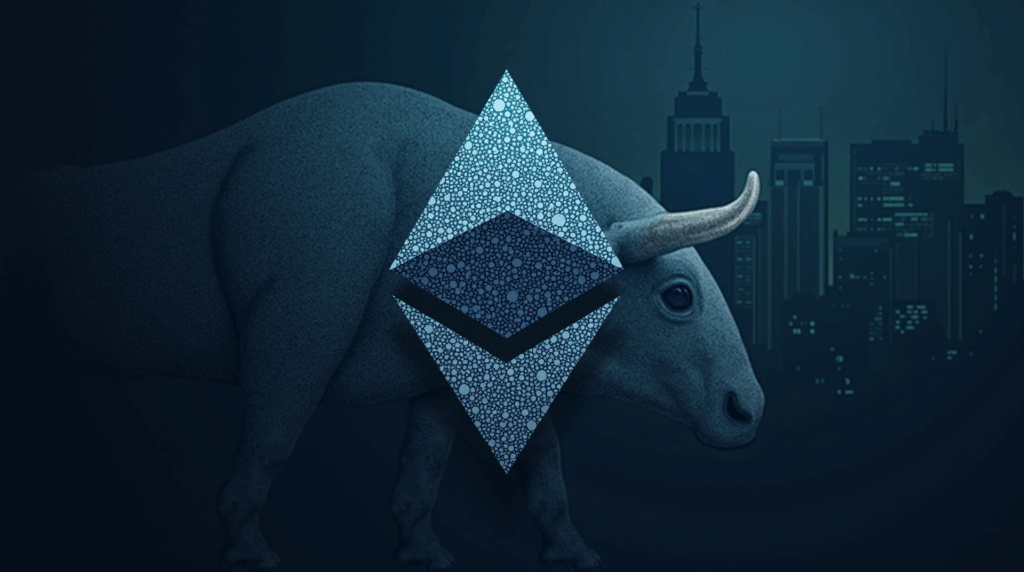 Ethereum logo transformed into a bull, AI neural patterns and the Wall Street skyline in sober tones.
