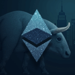 Ethereum logo transformed into a bull, AI neural patterns and the Wall Street skyline in sober tones.