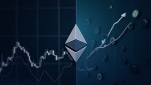 Ethereum logo in the center, divided background: downward chart and upward institutional flows.